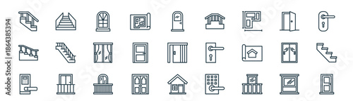 modern linear interior design icon set. vector thin line outline symbols for ui/ux app and web interfaces. minimal stroke collection including window, stairway, window, open door, door, stairway,