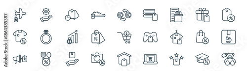 modern linear sales icon set. vector thin line outline symbols for ui/ux app and web interfaces. minimal stroke collection including education, management, sale time, gift, sale, product return,