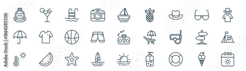 modern linear summer icon set. vector thin line outline symbols for ui/ux app and web interfaces. minimal stroke collection including ice cream cone, drink, swimming pool, sunglasses, swim shorts,