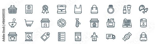 modern linear retail icon set. vector thin line outline symbols for ui/ux app and web interfaces. minimal stroke collection including sweet, receipt, sale items, cosmetics, discount badge, oil, jar,