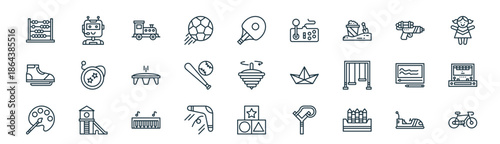 modern linear kids activity icon set. vector thin line outline symbols for ui/ux app and web interfaces. minimal stroke collection including bumper car, robot, toy train, water gun, baseball,