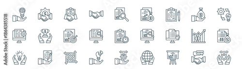 modern linear business analytics icon set. vector thin line outline symbols for ui/ux app and web interfaces. minimal stroke collection including negotiation, cooperation, partnership, investment,