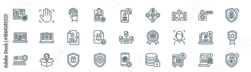 modern linear system protection icon set. vector thin line outline symbols for ui/ux app and web interfaces. minimal stroke collection including certificate, palm scan, fingerprint, password