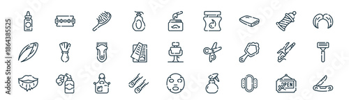 modern linear barber shop icon set. vector thin line outline symbols for ui/ux app and web interfaces. minimal stroke collection including open, blade, hair brush, barber, magazine, razor, face