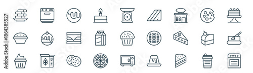 modern linear bakery icon set. vector thin line outline symbols for ui/ux app and web interfaces. minimal stroke collection including soda, burner, cream, biscuit, milk, butter, oven, burner.