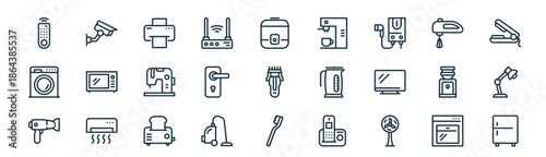 modern linear home appliance icon set. vector thin line outline symbols for ui/ux app and web interfaces. minimal stroke collection including food, camera, paper, kitchen, knob, light, brush, small.