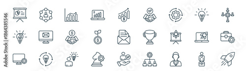 modern linear business management icon set. vector thin line outline symbols for ui/ux app and web interfaces. minimal stroke collection including businessman, networking, profit growth, ideas,