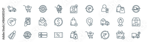 modern linear ecommerce icon set. vector thin line outline symbols for ui/ux app and web interfaces. minimal stroke collection including discount, shopping cart, dollar, shopping bag, add, parcel,