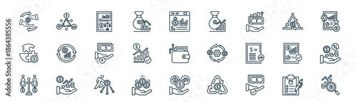 modern linear financial statement icon set. vector thin line outline symbols for ui/ux app and web interfaces. minimal stroke collection including inventory, current ass, balance sheet, working,