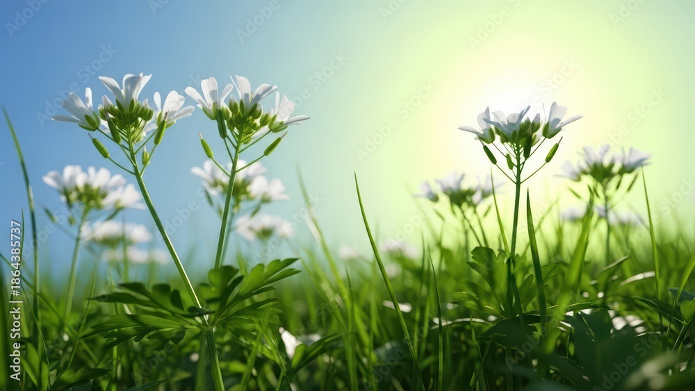 Obraz premium White Flowers and Green Grass in Sunlight, Summer Meadow, Nature Background