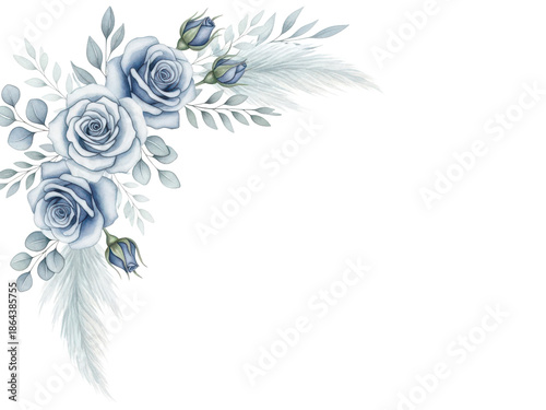 Hand painted watercolor corner element with roses and pampas grass in a pastel blue palette isolated on white background