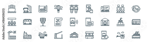modern linear public transportation icon set. vector thin line outline symbols for ui/ux app and web interfaces. minimal stroke collection including helicopter, bus stop, map, seats, ticket, double