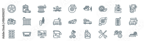 modern linear car service icon set. vector thin line outline symbols for ui/ux app and web interfaces. minimal stroke collection including troubleshooting, vehicle inspection, oil filter, vulcan,
