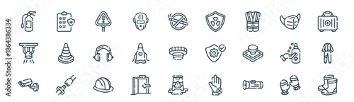 modern linear job safety icon set. vector thin line outline symbols for ui/ux app and web interfaces. minimal stroke collection including gloves, health check, warning, safety, apron, boiler, wet