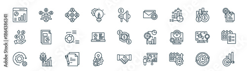 modern linear business analytics icon set. vector thin line outline symbols for ui/ux app and web interfaces. minimal stroke collection including productivity, coordination, team, profit, dashboard,
