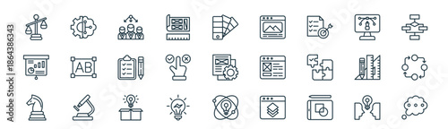modern linear design thinking icon set. vector thin line outline symbols for ui/ux app and web interfaces. minimal stroke collection including thinking, implementation, teamwork, illustration,