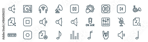 modern linear music icon set. vector thin line outline symbols for ui/ux app and web interfaces. minimal stroke collection including sound, pickup, head, next, volume, search, sound, music.