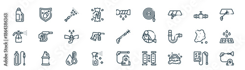 modern linear power washing icon set. vector thin line outline symbols for ui/ux app and web interfaces. minimal stroke collection including power washing, washing, sprayer, tap, power drainage,
