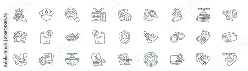 modern linear legal and justice icon set. vector thin line outline symbols for ui/ux app and web interfaces. minimal stroke collection including legal document, cowboy hat, law, justice scale, legal