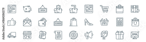 modern linear shopping icon set. vector thin line outline symbols for ui/ux app and web interfaces. minimal stroke collection including gift, piggy bank, hanging board, shopping bag, close hanging,