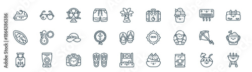 modern linear summer icon set. vector thin line outline symbols for ui/ux app and web interfaces. minimal stroke collection including coconut drink, sunglasses, fan, air conditioning, sunflower,