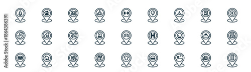 modern linear location icon set. vector thin line outline symbols for ui/ux app and web interfaces. minimal stroke collection including palace, pet shop, swimming pool, train station, cemetery,
