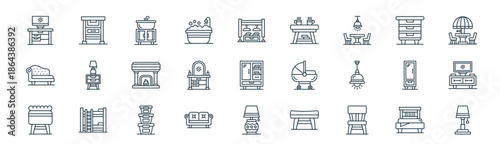 modern linear home stuff icon set. vector thin line outline symbols for ui/ux app and web interfaces. minimal stroke collection including bed, end table, washbasin, chest of drawers, dressing table,