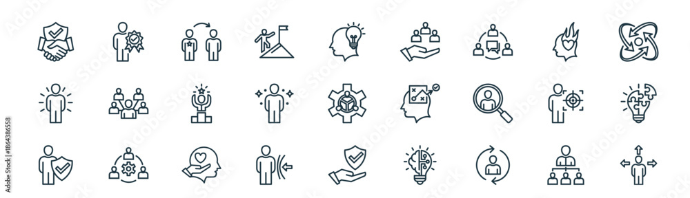 Fototapeta premium modern linear leadership icon set. vector thin line outline symbols for ui/ux app and web interfaces. minimal stroke collection including delegate, authenticity, mentor, passion, charisma, problem