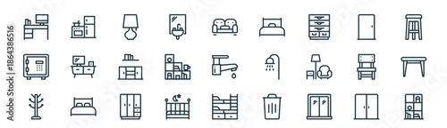 modern linear furniture icon set. vector thin line outline symbols for ui/ux app and web interfaces. minimal stroke collection including apartment, food, apartment, apartment, book, home, home,