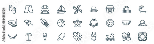 modern linear summer icon set. vector thin line outline symbols for ui/ux app and web interfaces. minimal stroke collection including fins, shorts, sun umbrella, sun, beach ball, pamela hat,