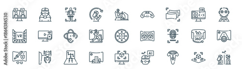 modern linear virtual reality vr icon set. vector thin line outline symbols for ui/ux app and web interfaces. minimal stroke collection including d, vr head, body scan, software, virtual reality
