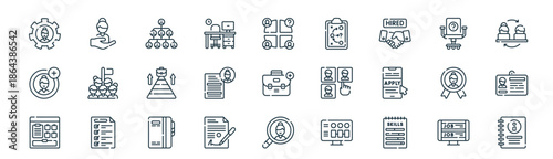 modern linear onboarding icon set. vector thin line outline symbols for ui/ux app and web interfaces. minimal stroke collection including online job, selection, team work, office chair, selecting,