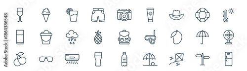modern linear summer icon set. vector thin line outline symbols for ui/ux app and web interfaces. minimal stroke collection including  , ice cream cone, drink, life saver, pine, table fan, water