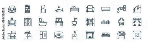 modern linear home and living icon set. vector thin line outline symbols for ui/ux app and web interfaces. minimal stroke collection including clothes hanger, bookshelf, standing, decoration,