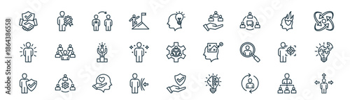 modern linear leadership icon set. vector thin line outline symbols for ui/ux app and web interfaces. minimal stroke collection including delegate, authenticity, mentor, passion, charisma, problem