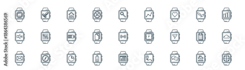 modern linear smartwatch icon set. vector thin line outline symbols for ui/ux app and web interfaces. minimal stroke collection including house, coins, home, leaves, files, cloud, calendar, world.