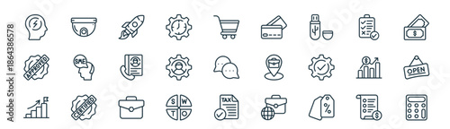 modern linear business icon set. vector thin line outline symbols for ui/ux app and web interfaces. minimal stroke collection including price list, cctv, start up, check list, administrator, open,