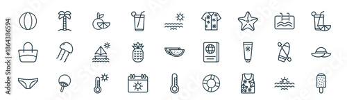 modern linear summer icon set. vector thin line outline symbols for ui/ux app and web interfaces. minimal stroke collection including sun, palm, orange, swimming, pine, sun hat, thermometer, ice