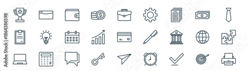 modern linear business icon set. vector thin line outline symbols for ui/ux app and web interfaces. minimal stroke collection including target, envelope, wallet, money, growth, puzzle, paper plane,