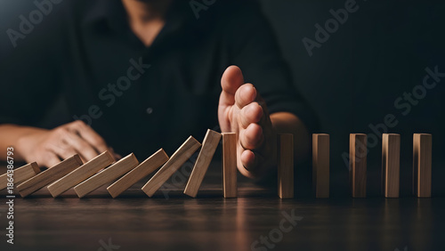 In this close-up, a focused individual skillfully prevents a chain reaction of falling dominoes, symbolizing proactive risk management and stability.