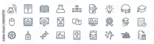 linear academy icon pack. vector thin line icons collection such as military, locker room, book, listening, law book, schedule, bible, maths