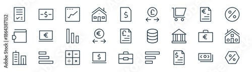 linear finance icon pack. vector thin line icons collection such as cash, bank check, web analytics, bill, currency exchange, house, briefcase, discount