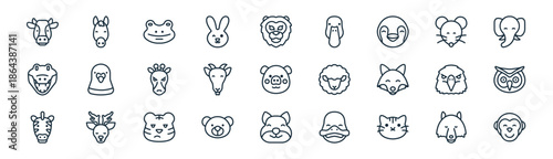 linear animal head icon pack. vector thin line icons collection such as wolf, horse, frog, mouse, goat, owl, squirrel, monkey