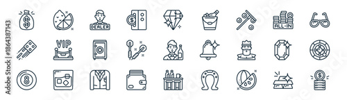linear casino icon pack. vector thin line icons collection such as gold bars, lemon, dealer, all in, darts, roulette, bar, coins