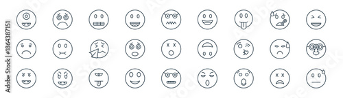 linear emoji icon pack. vector thin line icons collection such as dead, frown, gring, fever, pleading, disguise, nerd, sweat