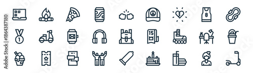 linear teenager icon pack. vector thin line icons collection such as bias, bonfire, pizza, basketball jersey, headphone, smoothie, condom, electric scooter