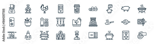 linear cooking icon pack. vector thin line icons collection such as recipe book, cooking, chicken, pork, kitchen, cutting board, chef, peel