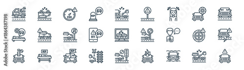 linear car accident icon pack. vector thin line icons collection such as collision, overturned, speed, repair, emergency call, accident, traffic light, warn