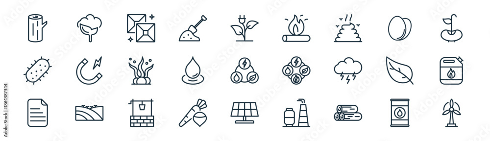 Fototapeta premium linear natural resources icon pack. vector thin line icons collection such as oil barrel, cotton, gem, eggs, zen, gasoline, solar panel, wind energy