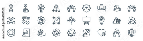 linear business service icon pack. vector thin line icons collection such as solution, money growth, strategy, investment, affiliate, team management, innovation, briefcase